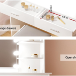 Dressing Table, LED Mirror Makeup Stool Set Wooden Vanity Desk Chair, Home Bedroom Furniture Girls Kids Women Organisers, Drawers Shelves Wide Tabletop White - Image 6