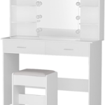 Dressing Table, LED Mirror Makeup Stool Set Wooden Vanity Desk Chair, Home Bedroom Furniture Girls Kids Women Organisers, Drawers Shelves Wide Tabletop White