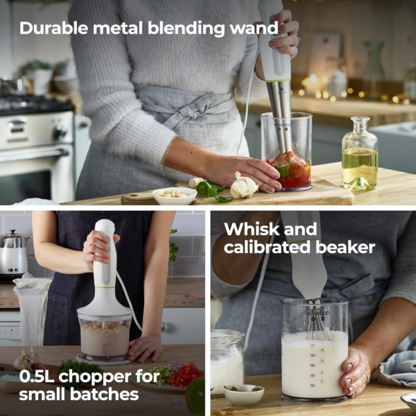 Triblade Hand Blender HDP109WG, Stainless Steel Blade, 600W Motor with Turbo Function, Includes Whisk, Mini Chopper and Beaker, White - Image 5