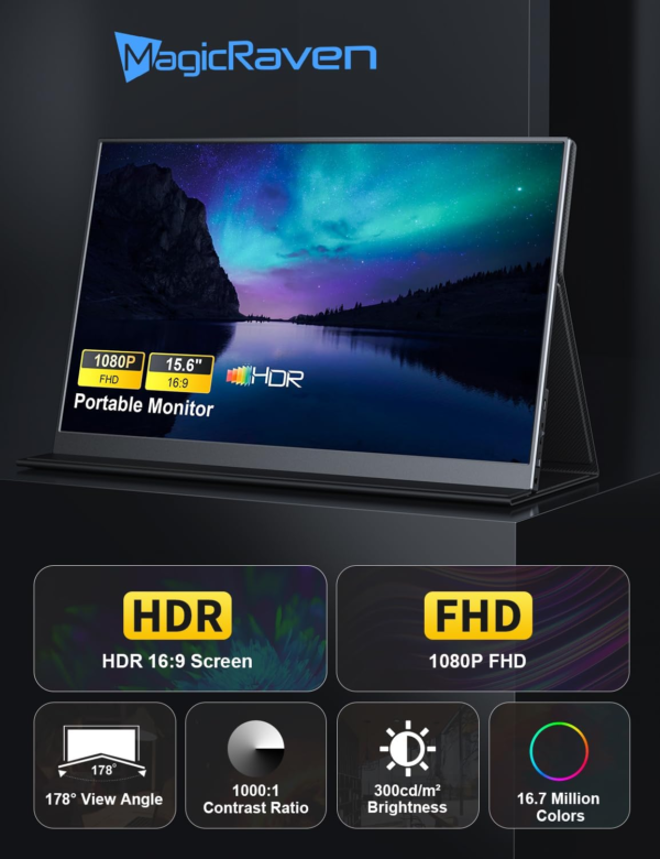 Portable Monitor, 15.6" 1080P Laptop Screen, Lightweight Dual USB C HDMI Second Computer Gaming Display with Speakers, Travel Monitor for Macbook PS4/5 Xbox Switch PC Phone - Image 2