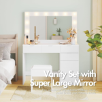 Dressing Table Stool Set with Large Make up Mirror 12 LED Bulbs Vanity Desk with 4 Storage Drawers and 1 Cabinet for Women Girls Kids Wooden Home Bedroom Furniture White - Image 7