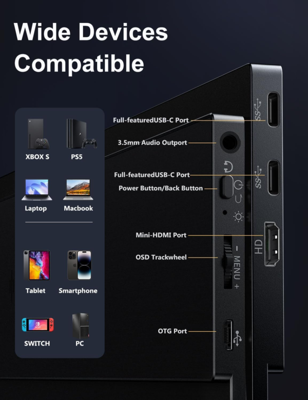 Portable Monitor, 15.6" 1080P Laptop Screen, Lightweight Dual USB C HDMI Second Computer Gaming Display with Speakers, Travel Monitor for Macbook PS4/5 Xbox Switch PC Phone - Image 5
