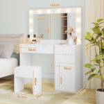Dressing Table Stool Set with Large Make up Mirror 12 LED Bulbs Vanity Desk with 4 Storage Drawers and 1 Cabinet for Women Girls Kids Wooden Home Bedroom Furniture White - Image 2
