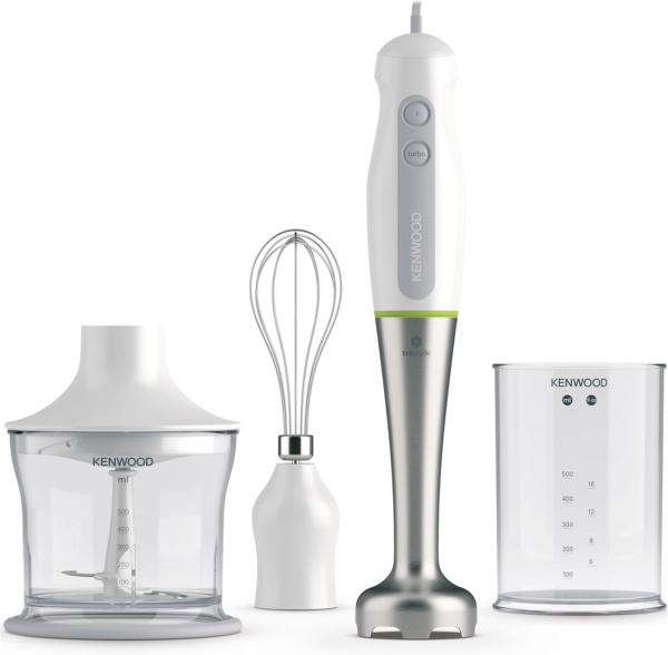 Triblade Hand Blender HDP109WG, Stainless Steel Blade, 600W Motor with Turbo Function, Includes Whisk, Mini Chopper and Beaker, White