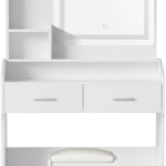 Dressing Table, LED Mirror Makeup Stool Set Wooden Vanity Desk Chair, Home Bedroom Furniture Girls Kids Women Organisers, Drawers Shelves Wide Tabletop White - Image 3