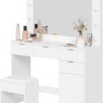 Dressing Table Stool Set with Large Make up Mirror 12 LED Bulbs Vanity Desk with 4 Storage Drawers and 1 Cabinet for Women Girls Kids Wooden Home Bedroom Furniture White - Image 9