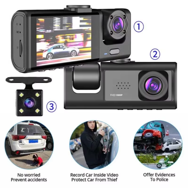 Dash Cam W/ IR Night Vision Loop Recording & 2" IPS Screen 1080P 3 Camera ， DVR Recorder, Video Recorder, Vehicle DVR - Image 3