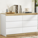 Chest of Drawers with 6 Drawer, Oak Wood Dresser Tallboy Storage Cabinet Board Side Tables Desk, Floor Stand Nightstand Cabinets, Bedroom Living Room Home Furniture White