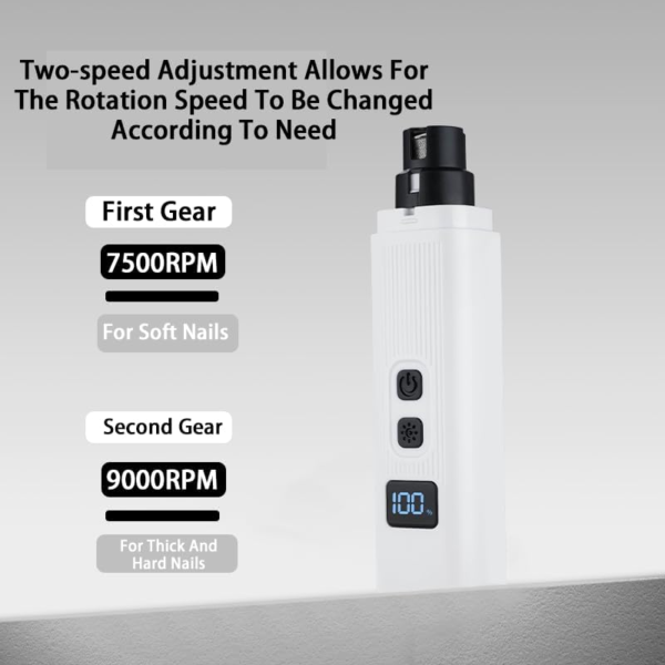 Rechargeable Dog Nail Grinder with Two Replacement Heads, Nail Polish Grinder for Cat and Dog, Rechargeable Pet Nail Trimmer with 2-LED Lights and 2-Speed for Small to Large Dogs (White) - Image 5