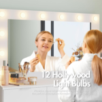 Dressing Table Stool Set with Large Make up Mirror 12 LED Bulbs Vanity Desk with 4 Storage Drawers and 1 Cabinet for Women Girls Kids Wooden Home Bedroom Furniture White - Image 3
