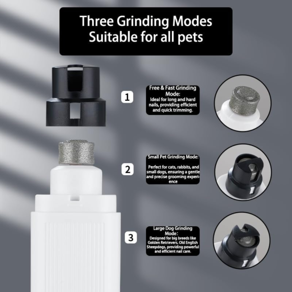 Rechargeable Dog Nail Grinder with Two Replacement Heads, Nail Polish Grinder for Cat and Dog, Rechargeable Pet Nail Trimmer with 2-LED Lights and 2-Speed for Small to Large Dogs (White) - Image 4