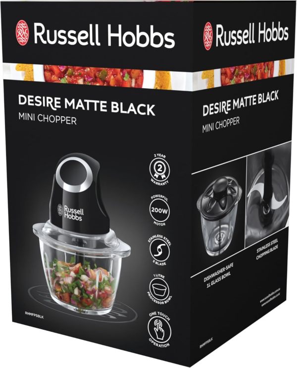 RHMFP5BLK, Desire Mini Chopper, Stainless Steel S Blade, One Touch Operation, 1L Dishwasher Safe Glass Bowl, Matte Black - Image 6