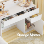 Dressing Table Stool Set with Large Make up Mirror 12 LED Bulbs Vanity Desk with 4 Storage Drawers and 1 Cabinet for Women Girls Kids Wooden Home Bedroom Furniture White - Image 4